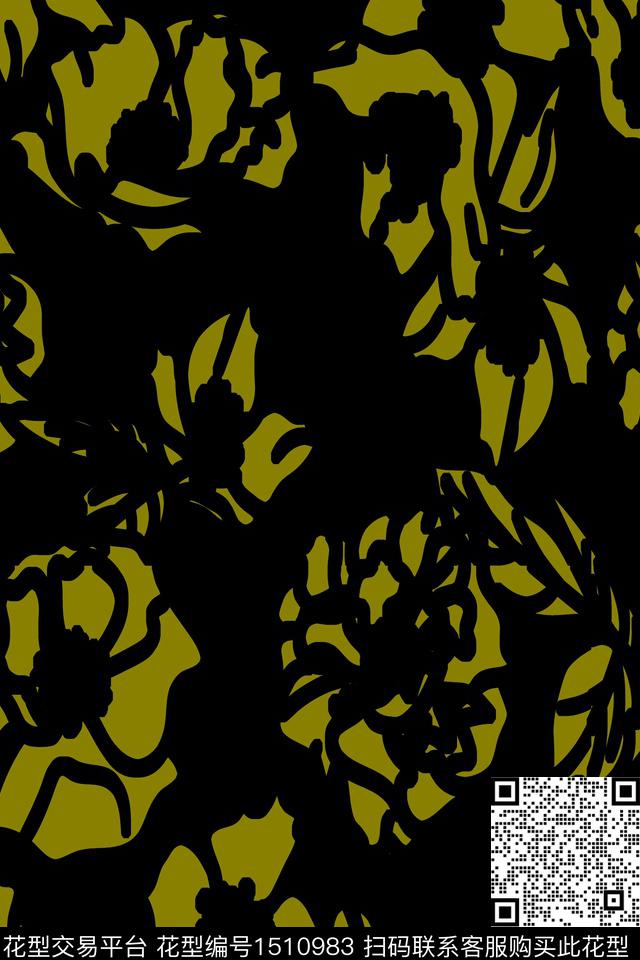 黑底花卉抽象数码印花华亿平台下载（图片编号: 1510983） - 瓦栏（Walan）