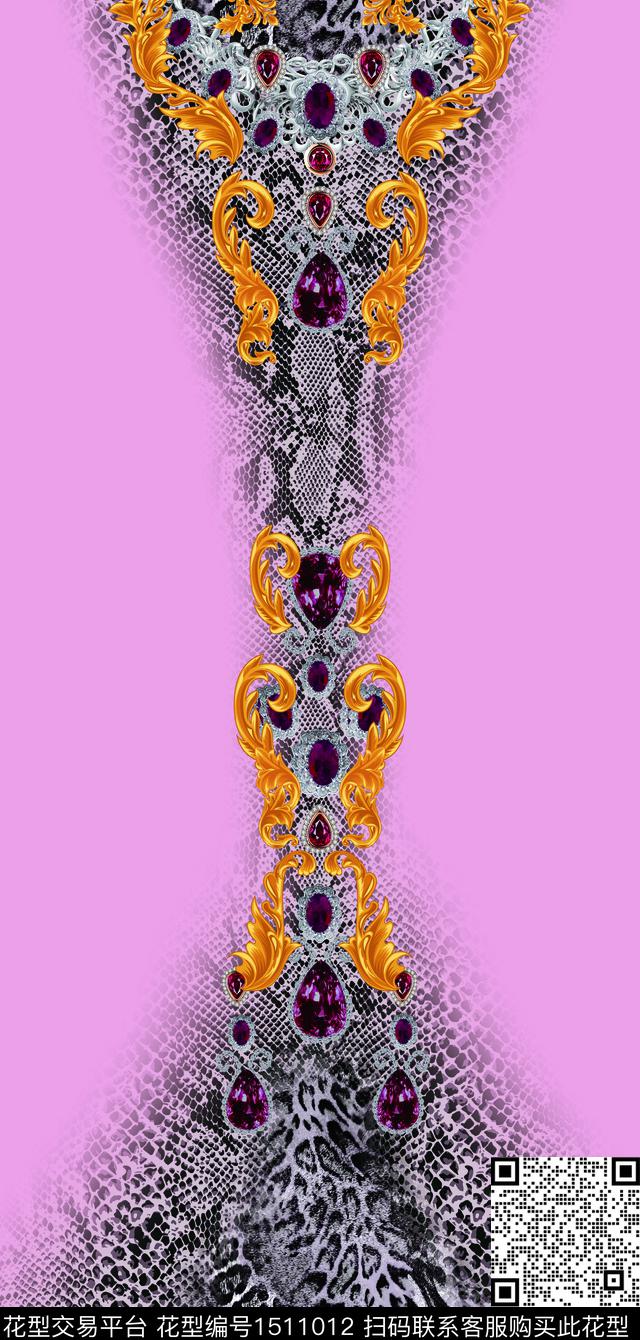 丝巾定位花蛇纹抽象花卉数码印花华亿平台下载（图片编号: 1511012） - 瓦栏（Walan）