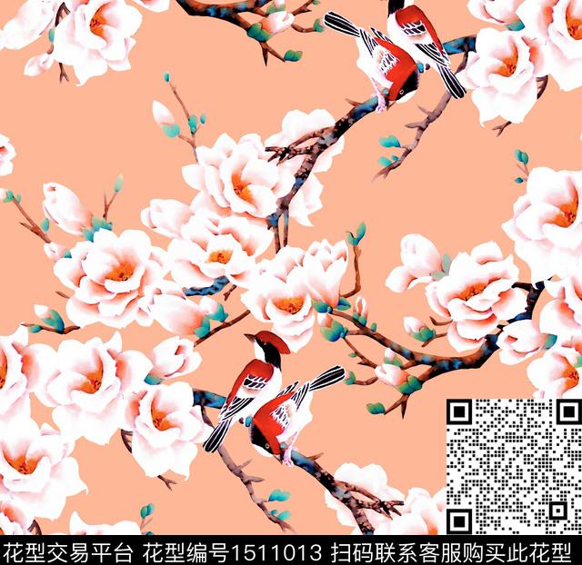 玉兰花花鸟清爽底花卉数码印花华亿平台下载（图片编号: 1511013） - 瓦栏（Walan）