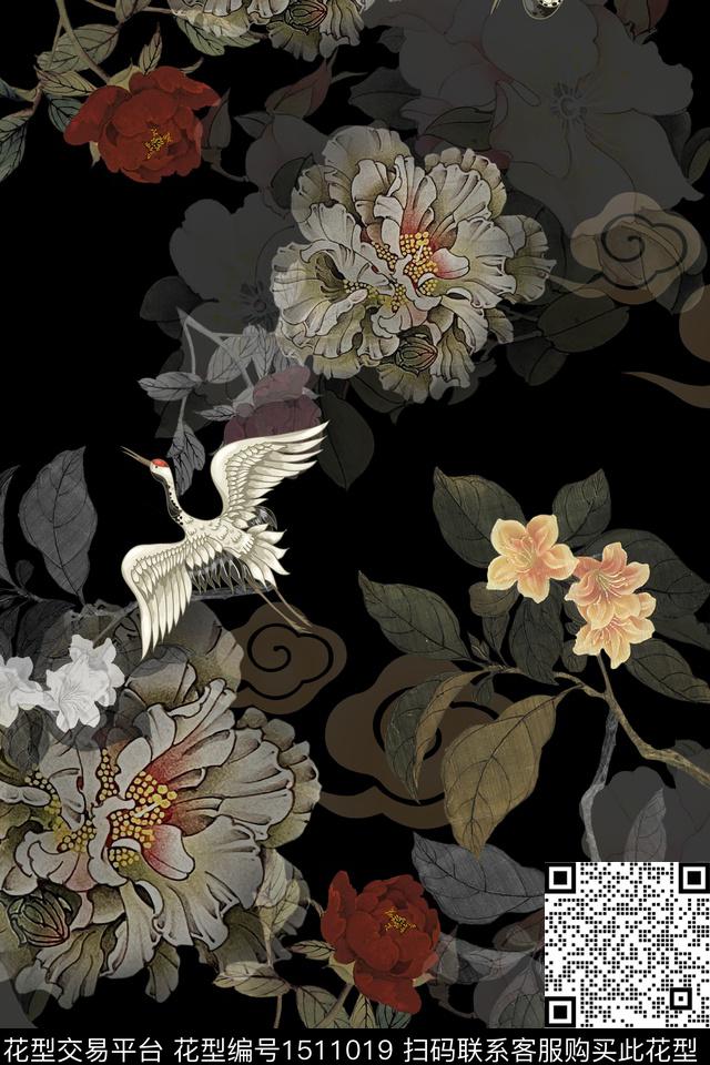 花卉香云纱中国风数码印花华亿平台下载（图片编号: 1511019） - 瓦栏（Walan）
