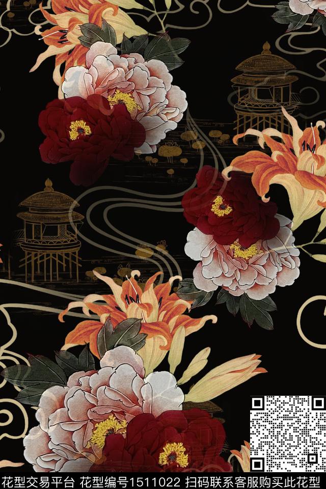 香云纱中国风真丝数码印花华亿平台下载（图片编号: 1511022） - 瓦栏（Walan）