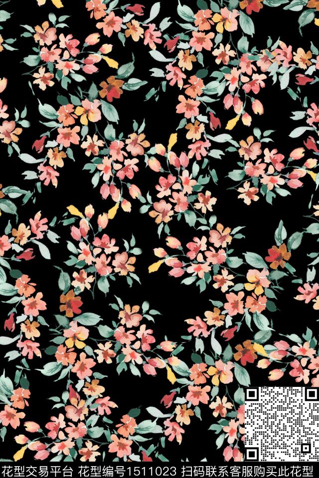 黑底花卉花卉大牌风数码印花华亿平台下载（图片编号: 1511023） - 瓦栏（Walan）