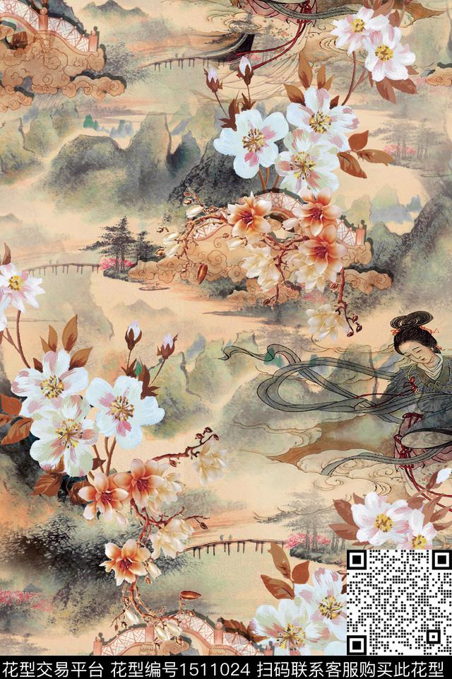 花卉香云纱真丝数码印花华亿平台下载（图片编号: 1511024） - 瓦栏（Walan）