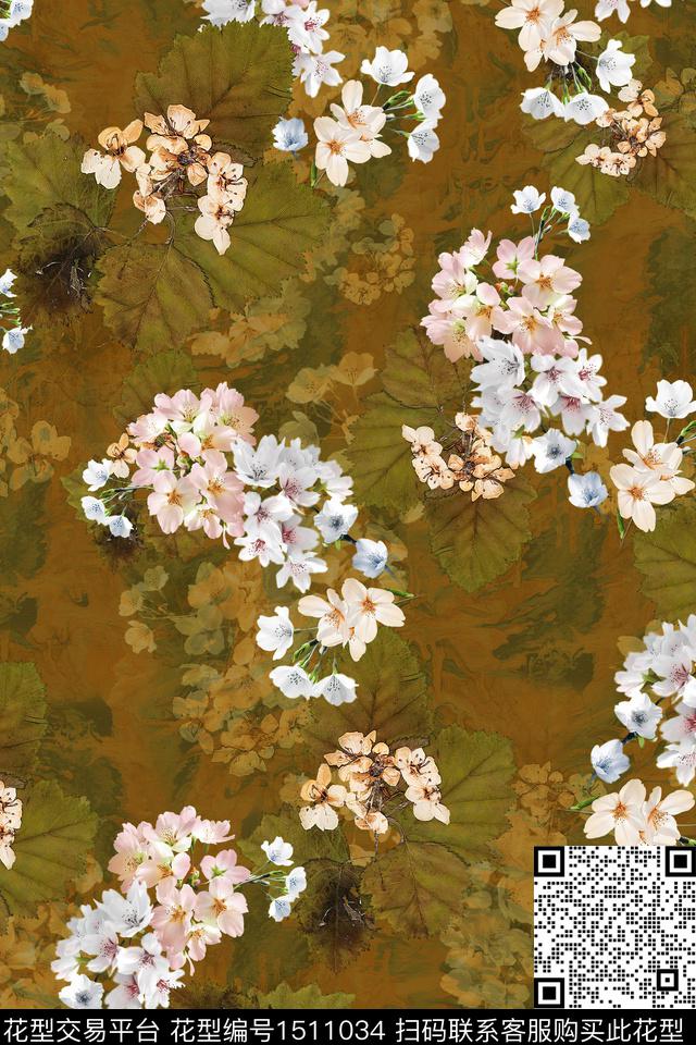 花卉组合花卉清爽旗袍数码印花华亿平台下载（图片编号: 1511034） - 瓦栏（Walan）
