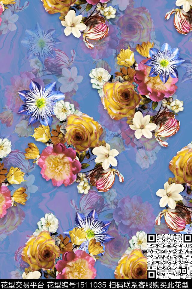 花卉组合花卉清爽旗袍数码印花华亿平台下载（图片编号: 1511035） - 瓦栏（Walan）