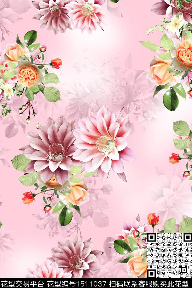 花卉组合花卉清爽旗袍数码印花华亿平台下载（图片编号: 1511037） - 瓦栏（Walan）