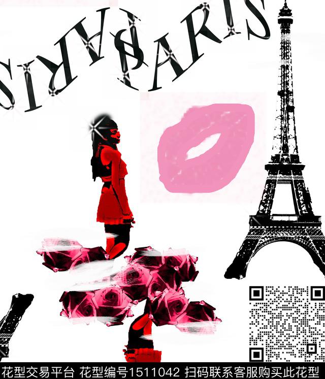 线条人物花卉数码印花华亿平台下载（图片编号: 1511042） - 瓦栏（Walan）