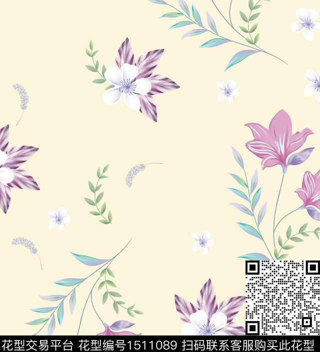 玉兰花白花清爽底花卉数码印花华亿平台下载（图片编号: 1511089） - 瓦栏（Walan）