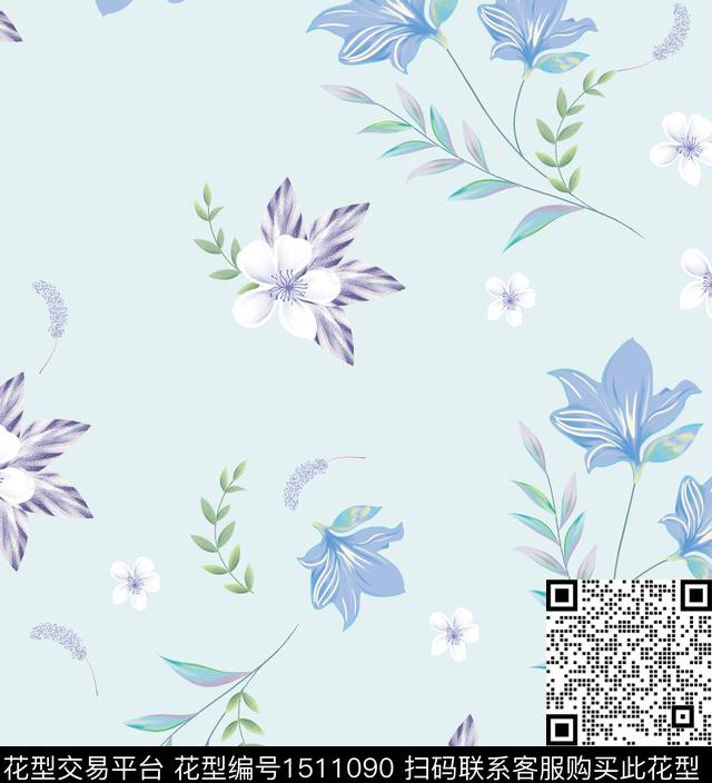 玉兰花白花清爽底花卉数码印花华亿平台下载（图片编号: 1511090） - 瓦栏（Walan）