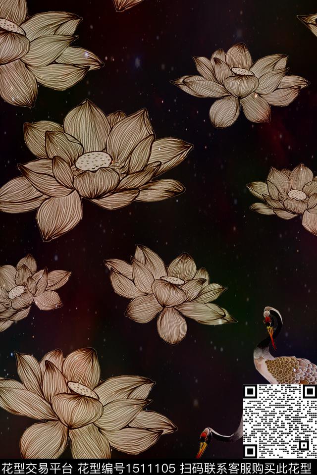 绿植树叶仙鹤花卉数码印花华亿平台下载（图片编号: 1511105） - 瓦栏（Walan）