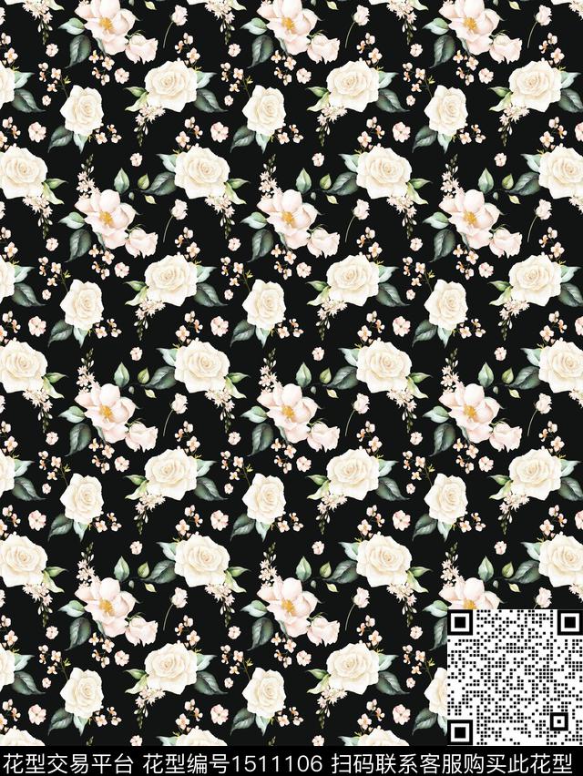 黑底花卉时尚小碎花数码印花华亿平台下载（图片编号: 1511106） - 瓦栏（Walan）