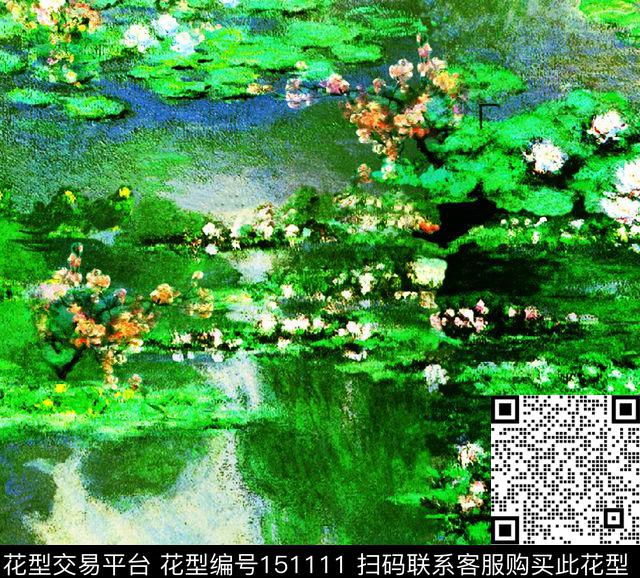 绿色湖山水画数码印花华亿平台下载（图片编号: 151111） - 瓦栏（Walan）