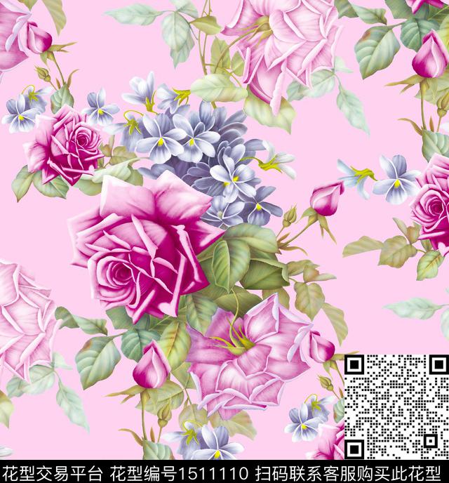 玫瑰花手绘花卉清爽底花卉数码印花华亿平台下载（图片编号: 1511110） - 瓦栏（Walan）