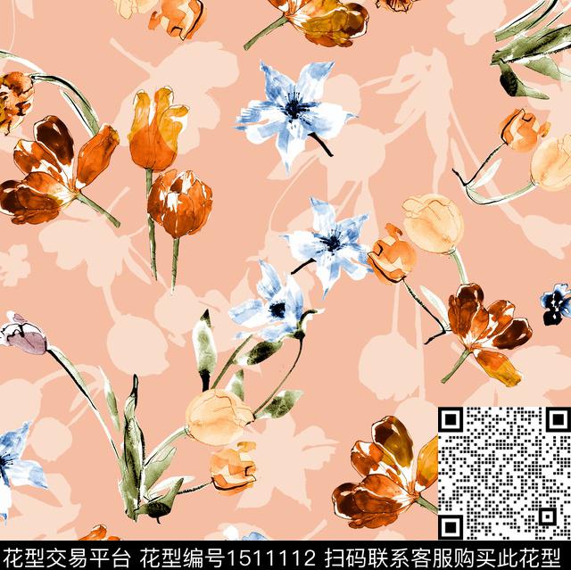 抽象花卉年轻女性郁金香数码印花华亿平台下载（图片编号: 1511112） - 瓦栏（Walan）