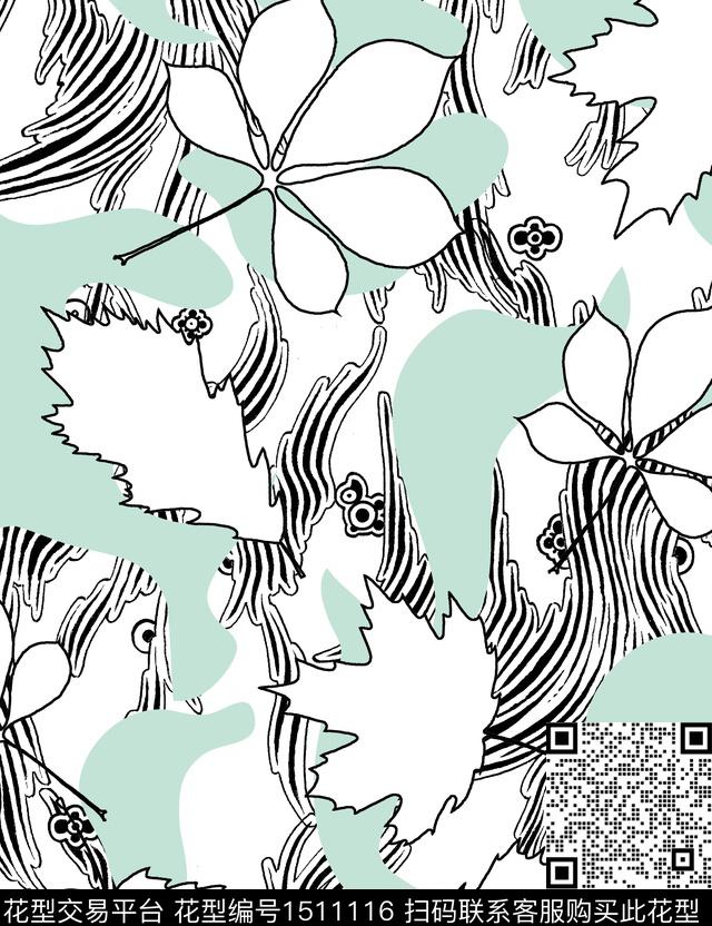 线条绿植树叶传统印花华亿平台下载（图片编号: 1511116） - 瓦栏（Walan）