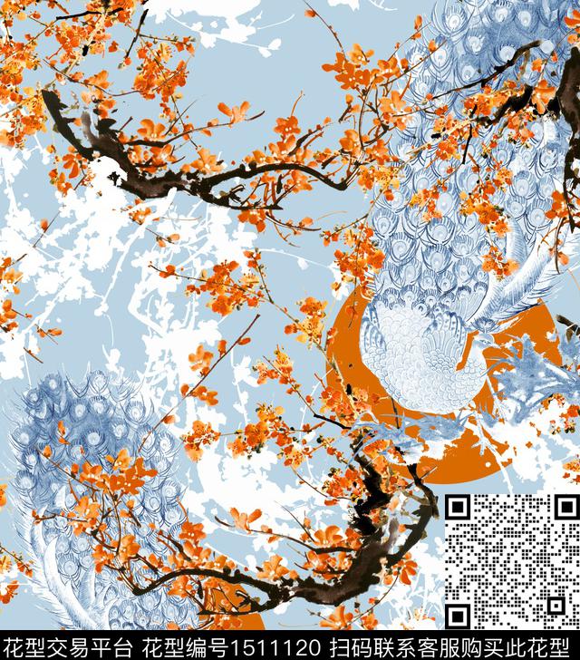 梅花孔雀清爽底花卉数码印花华亿平台下载（图片编号: 1511120） - 瓦栏（Walan）