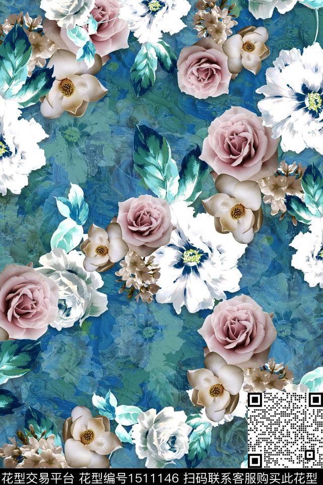 花卉组合花卉清爽旗袍数码印花华亿平台下载（图片编号: 1511146） - 瓦栏（Walan）