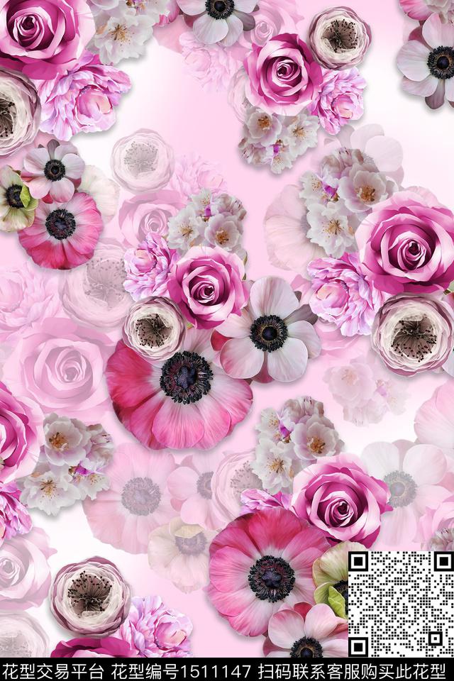 花卉组合花卉清爽旗袍数码印花华亿平台下载（图片编号: 1511147） - 瓦栏（Walan）
