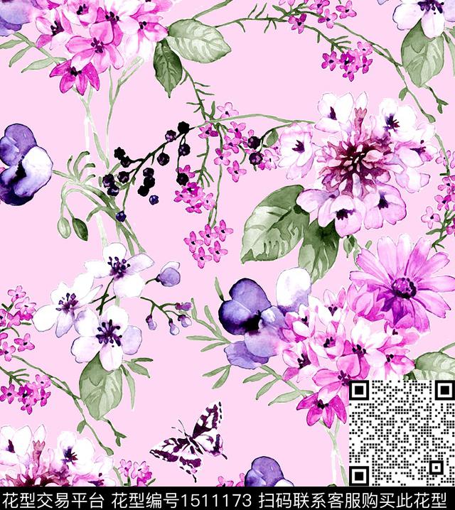 年轻女性手绘花卉粉红数码印花华亿平台下载（图片编号: 1511173） - 瓦栏（Walan）