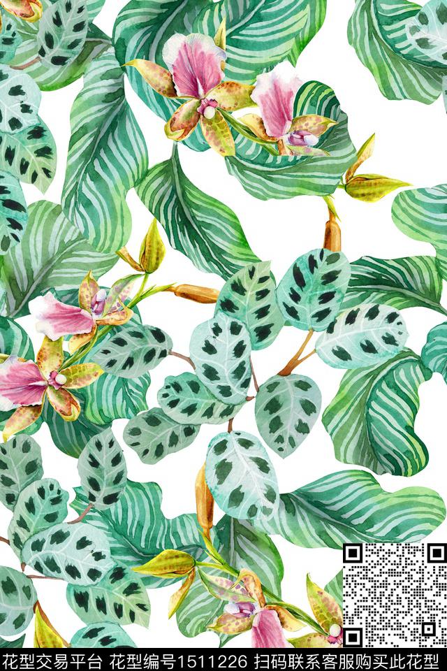 绿植树叶花卉小清新数码印花华亿平台下载（图片编号: 1511226） - 瓦栏（Walan）