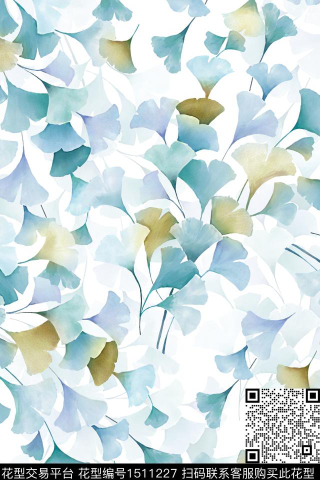小清新真丝绿植树叶数码印花华亿平台下载（图片编号: 1511227） - 瓦栏（Walan）