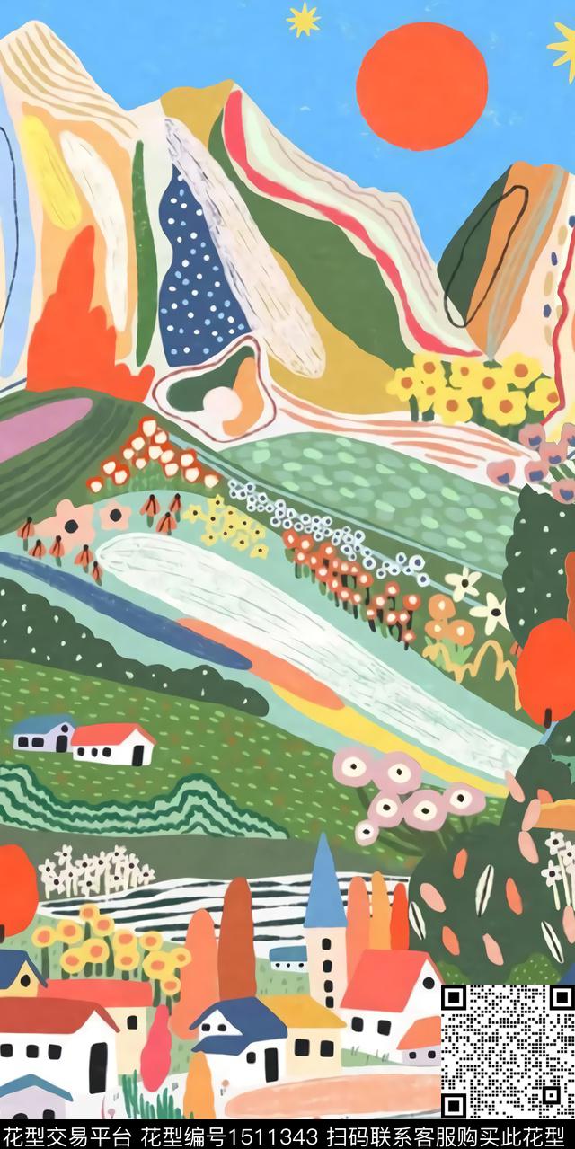 定位花童装风景插画数码印花华亿平台下载（图片编号: 1511343） - 瓦栏（Walan）