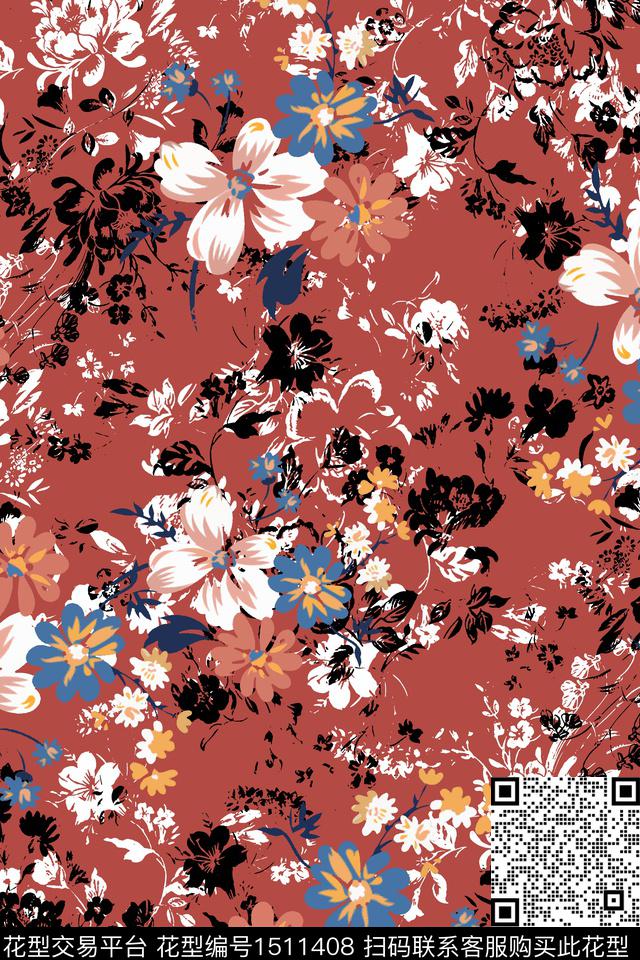 花卉手绘矢量数码印花华亿平台下载（图片编号: 1511408） - 瓦栏（Walan）