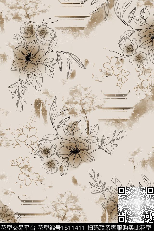 渐变花卉手绘数码印花华亿平台下载（图片编号: 1511411） - 瓦栏（Walan）