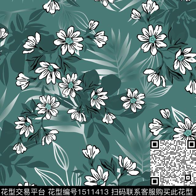 渐变花卉手绘数码印花华亿平台下载（图片编号: 1511413） - 瓦栏（Walan）