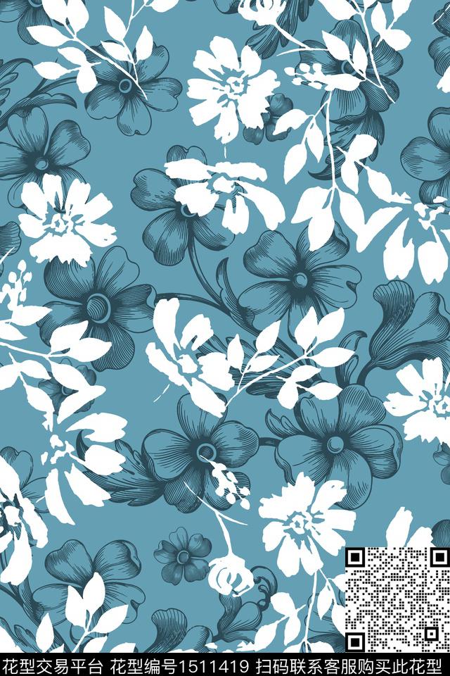 花卉手绘矢量数码印花华亿平台下载（图片编号: 1511419） - 瓦栏（Walan）