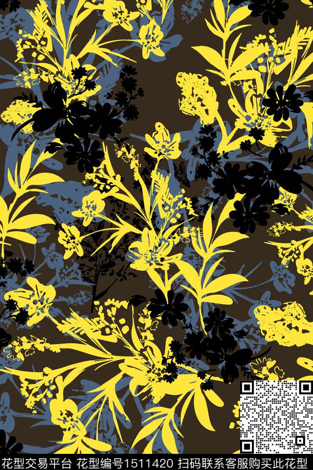 花卉手绘矢量数码印花华亿平台下载（图片编号: 1511420） - 瓦栏（Walan）