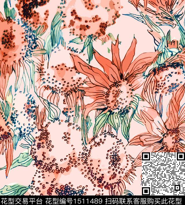 向日葵兰花大花数码印花华亿平台下载（图片编号: 1511489） - 瓦栏（Walan）