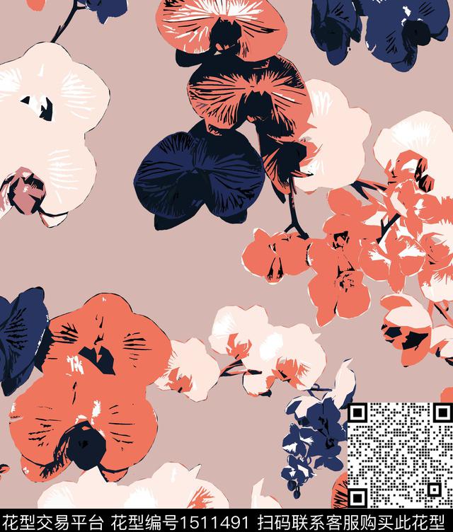 向日葵兰花大花数码印花华亿平台下载（图片编号: 1511491） - 瓦栏（Walan）