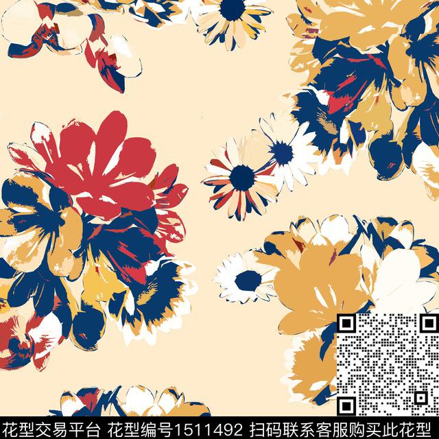 向日葵兰花大花数码印花华亿平台下载（图片编号: 1511492） - 瓦栏（Walan）