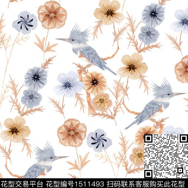 小碎花鸟清新淡雅数码印花华亿平台下载（图片编号: 1511493） - 瓦栏（Walan）