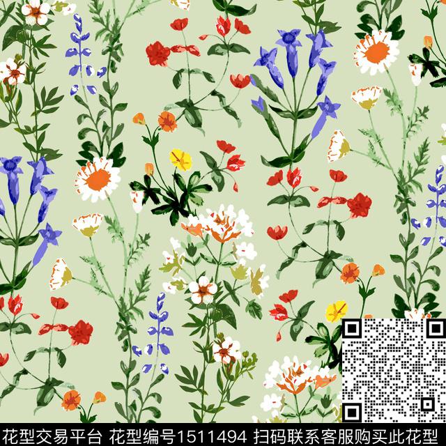 小碎花鸟清新淡雅数码印花华亿平台下载（图片编号: 1511494） - 瓦栏（Walan）