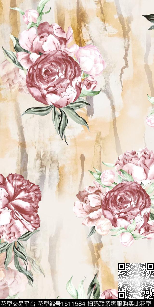 水彩简约水墨风数码印花华亿平台下载（图片编号: 1511584） - 瓦栏（Walan）