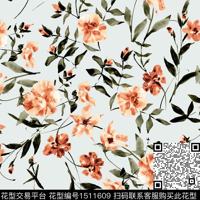 真丝手绘花卉清新淡雅数码印花华亿平台下载（图片编号: 1511609） - 瓦栏（Walan）