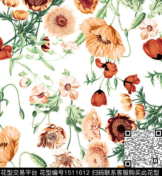 蔷薇花复古poppy数码印花华亿平台下载（图片编号: 1511612） - 瓦栏（Walan）