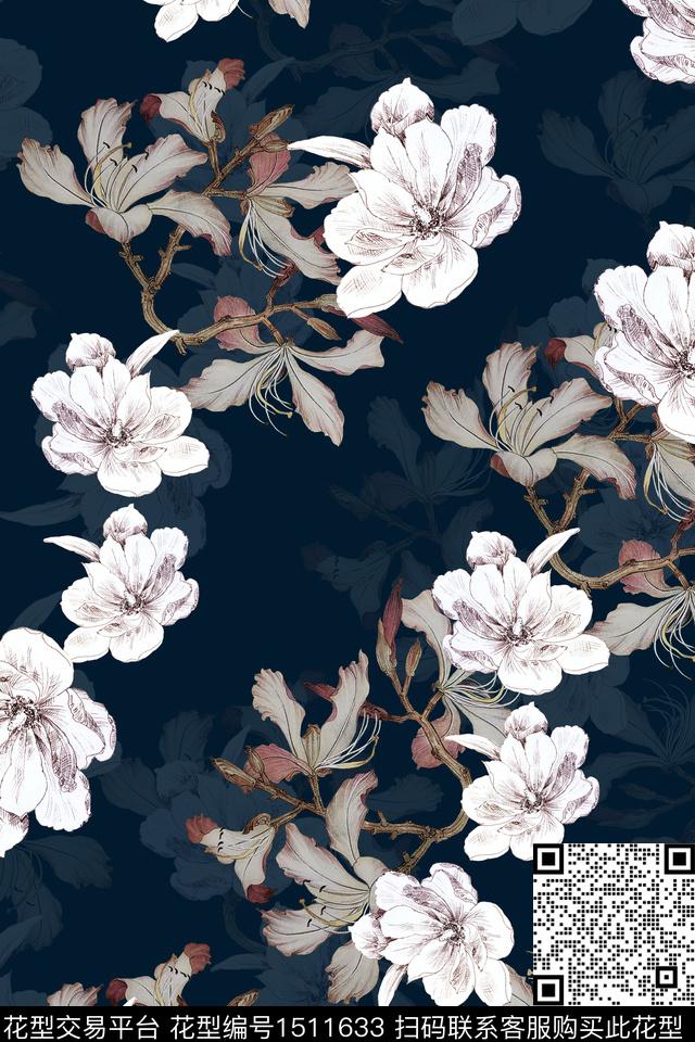 黑底花卉花卉真丝数码印花华亿平台下载（图片编号: 1511633） - 瓦栏（Walan）