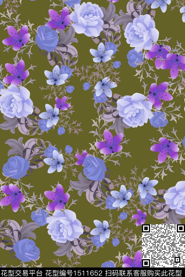 复古花卉大牌风数码印花华亿平台下载（图片编号: 1511652） - 瓦栏（Walan）