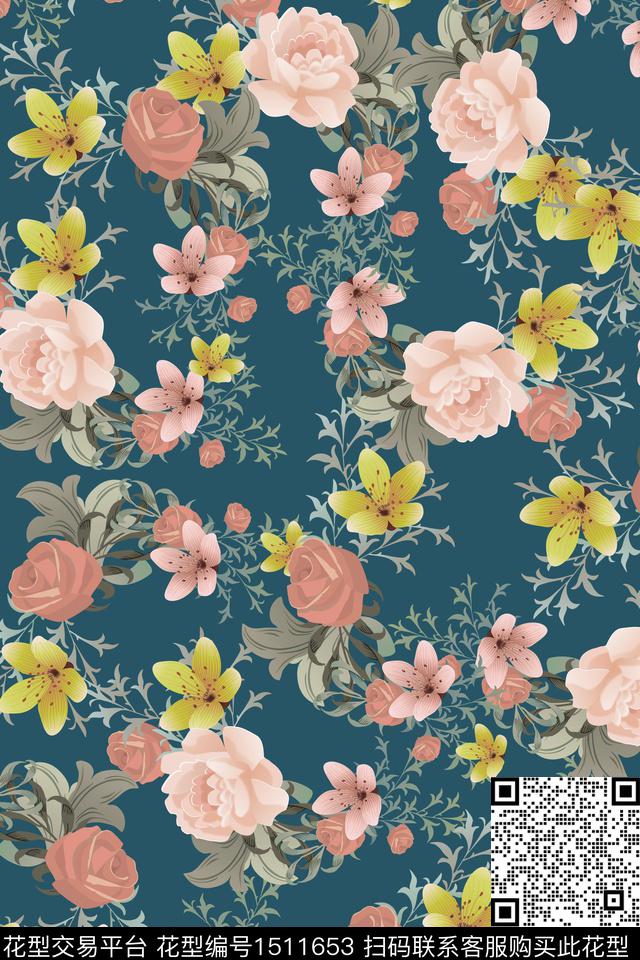 复古花卉大牌风数码印花华亿平台下载（图片编号: 1511653） - 瓦栏（Walan）