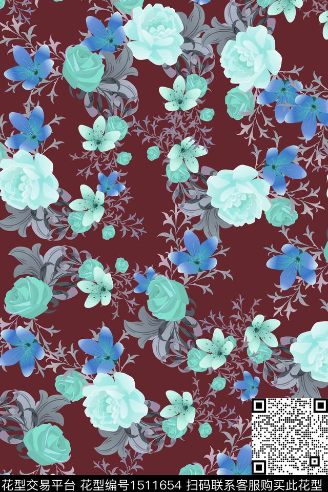 复古花卉大牌风数码印花华亿平台下载（图片编号: 1511654） - 瓦栏（Walan）