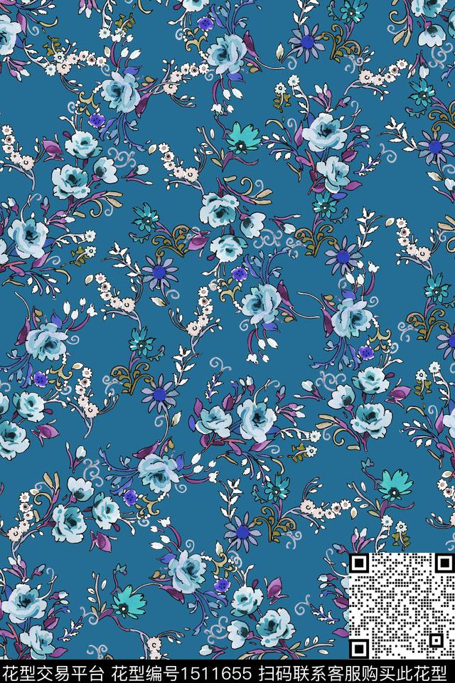 复古花卉大牌风数码印花华亿平台下载（图片编号: 1511655） - 瓦栏（Walan）