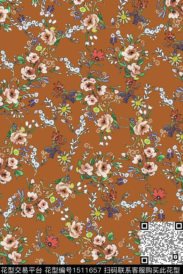 复古花卉大牌风数码印花华亿平台下载（图片编号: 1511657） - 瓦栏（Walan）