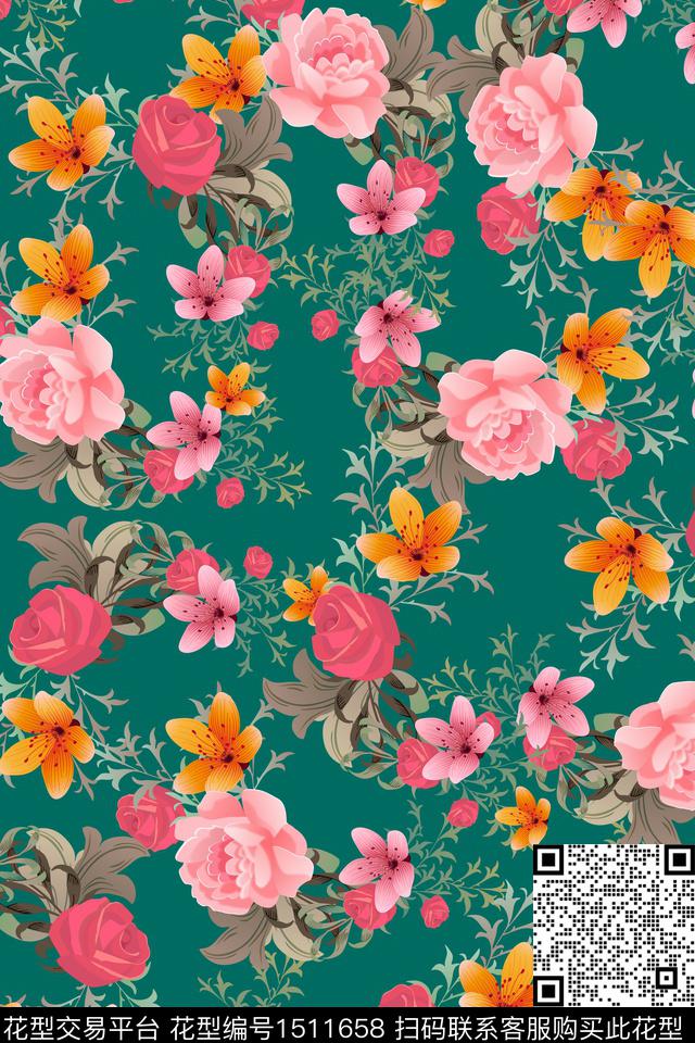 复古花卉大牌风数码印花华亿平台下载（图片编号: 1511658） - 瓦栏（Walan）