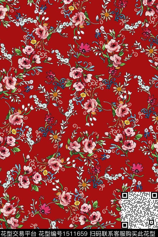 复古花卉大牌风数码印花华亿平台下载（图片编号: 1511659） - 瓦栏（Walan）