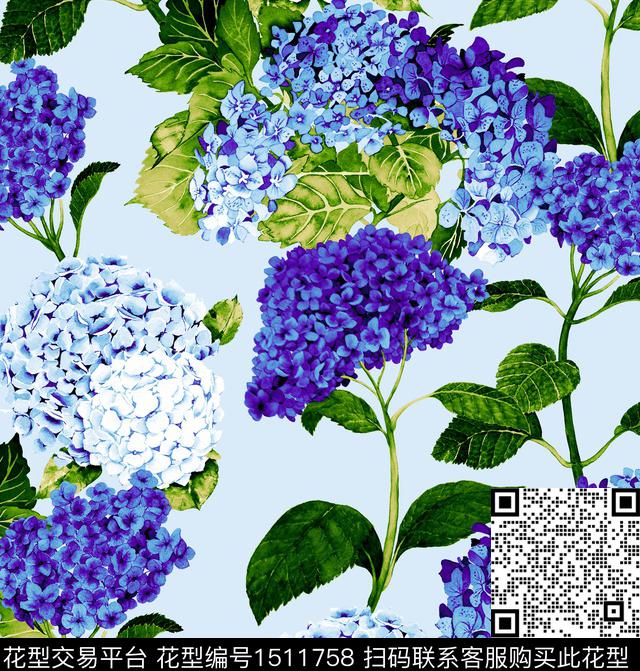 蓝色绣球花清爽底花卉数码印花华亿平台下载（图片编号: 1511758） - 瓦栏（Walan）
