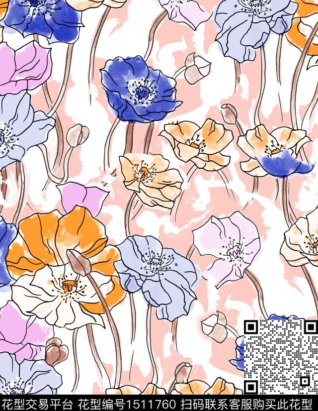 虞美人小清新poppy数码印花华亿平台下载（图片编号: 1511760） - 瓦栏（Walan）