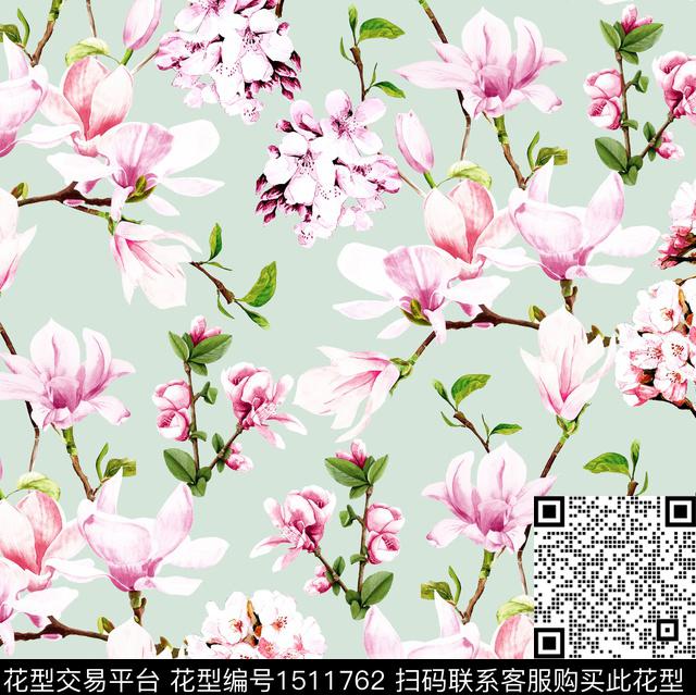 字母玉兰花小清新数码印花华亿平台下载（图片编号: 1511762） - 瓦栏（Walan）